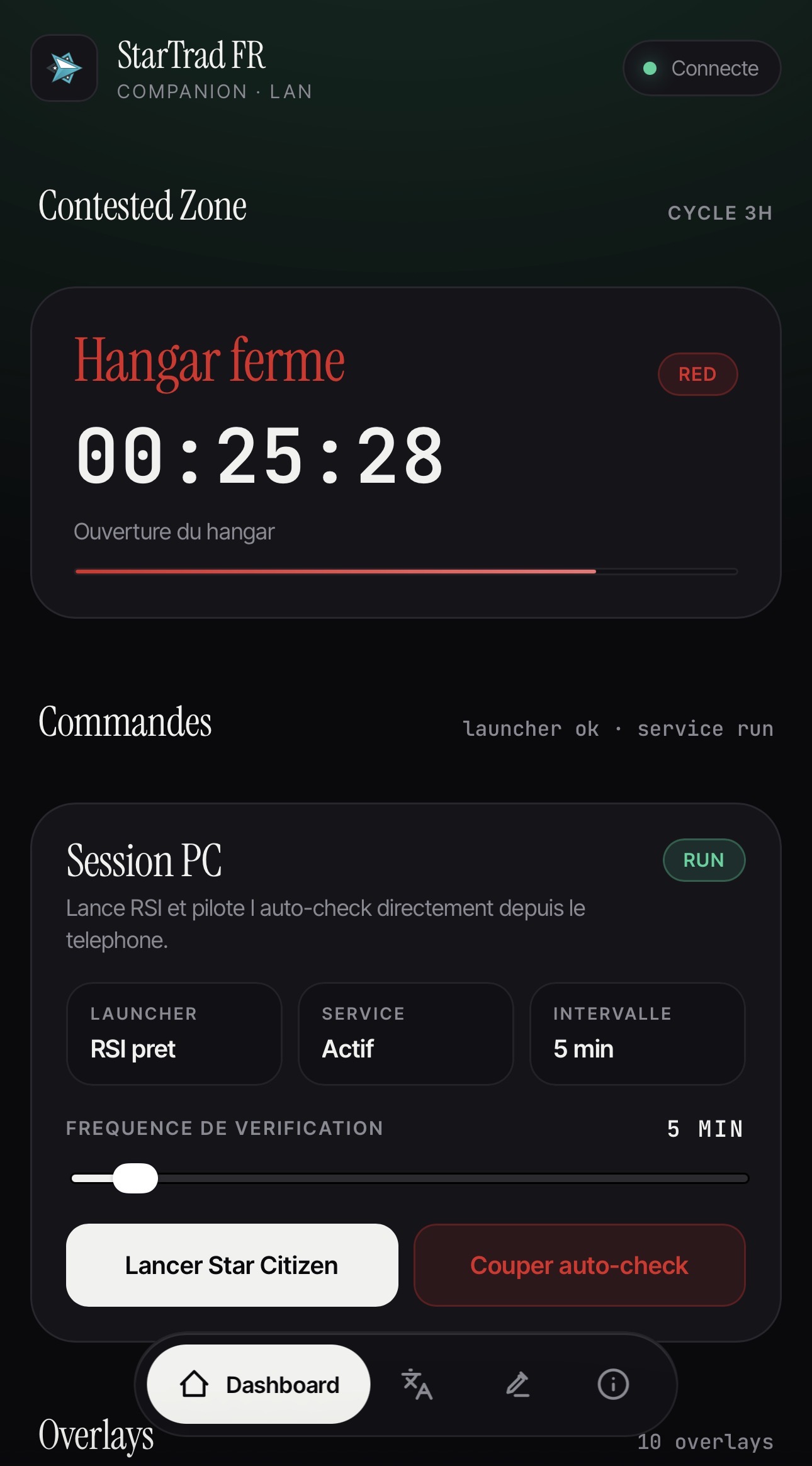Dashboard mobile et tablette du compagnon local Stelliverse